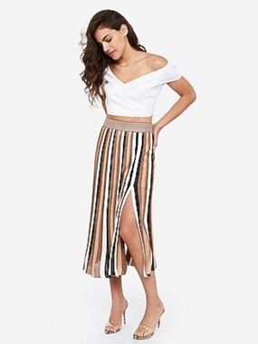 Express Striped Knit Midi Skirt in Black, White & Tan